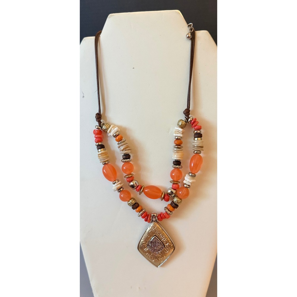 Chicos Reversible Necklace Orange Beaded Double Strand Silver Tone Pendant Boho